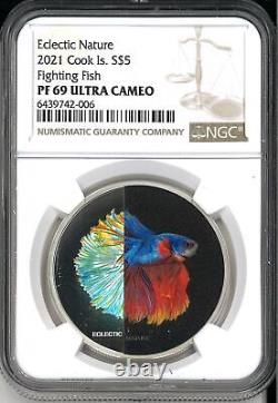 2021 Cook Islands Eclectic Nature Fighting Fish 1oz Silver Coin NGC PF 69 UCAM