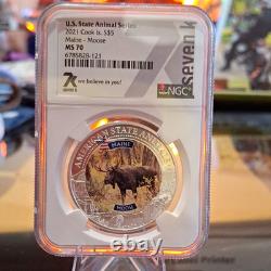 2021 Cook Islands Maine Moose State Animal Silver Colorized NGC MS70