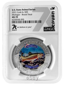 2021 Cook Islands Michigan Brook Trout Ngc Ms70 American State Animals 1 Oz Silv