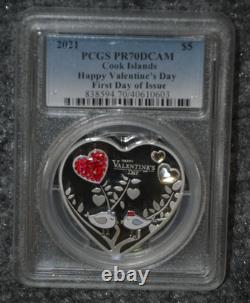 2021 Cook Islands Silver Heart Happy Valentines Day Coin PCGS PF-70 In Display
