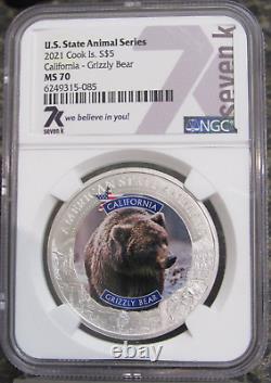 2021 Cook Islands Silver US State Animal Series California Grizzly Bear NGC MS70