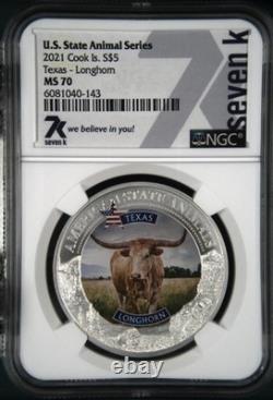 2021 Cook Islands Texas Longhorn Fao Cattle Ngc Ms70 U. S. State Animal 7k Metals
