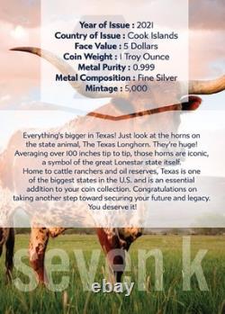 2021 Cook Islands Texas Longhorn Fao Cattle Ngc Ms70 U. S. State Animal 7k Metals