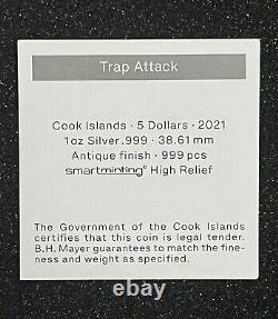 2021 Cook Islands Trap Attack 1 oz Silver Antiqued Coin High Relief