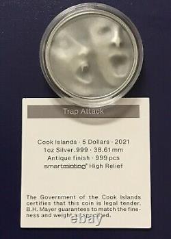 2021 Cook Islands Trapped Trap Attack 1oz Silver Antique Coin 999 Made Box & COA