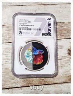 2021 Fighting Fish Eclectic Nature Cook Island $5 PF 69 1 Oz NGC 7K Silver