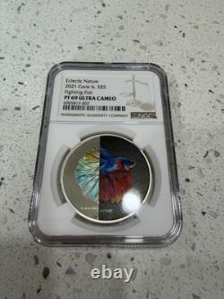 2021 Fighting Fish Eclectic Nature Cook Island $5 PF 69 1 Oz NGC Silver