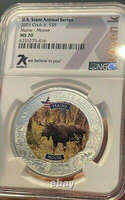 2021 Maine Fine Silver Moose MS 70 NGC 1 Troy Ounce 5 Dollars Brand New