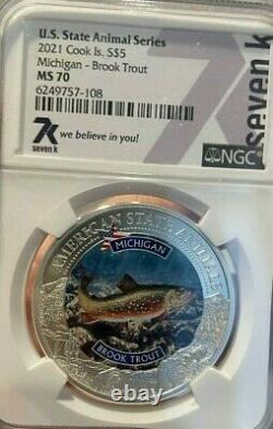 2021 Michigan Fine Silver Brook Trout MS 70 NGC 1 Troy Ounce 5 Dollars Brand New