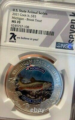 2021 Michigan Fine Silver Brook Trout MS 70 NGC 1 Troy Ounce 5 Dollars Brand New