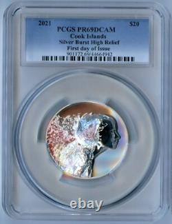 2021 PCGS PR69DCAM Cook Islands Silver Burst High Relief $20-First Day of Issue