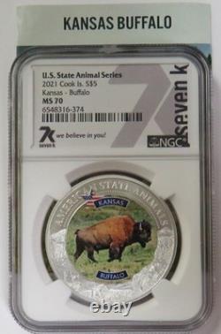 2021 SILVER COOK ISLANDS $5 KANSAS BUFFALO STATE ANIMAL SERIES 1oz NGC MS 70