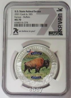 2021 SILVER COOK ISLANDS $5 KANSAS BUFFALO STATE ANIMAL SERIES 1oz NGC MS 70