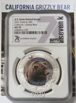 2021 Silver Cook Islands $5 Grizzly Bear U. S. State Animal Series 1 Oz Ngc Ms 70