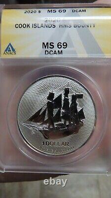 2022 1 oz. 9999 Cook Islands Silver HMS Bounty 1$ ANACS Graded MS69