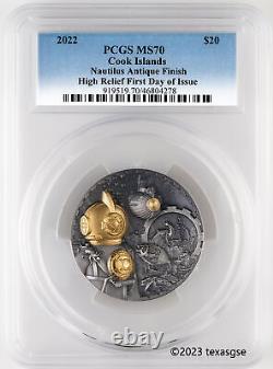 2022 $20 Steampunk Nautilus 3oz Antique Silver First Day of Issue PCGS MS70