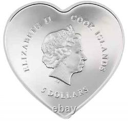 2022 20g. 999 Silver $5 Cook Islands BRILLIANT LOVE HEART Shape Proof Coin