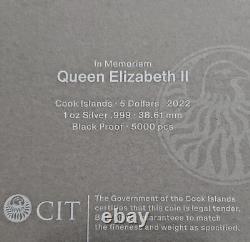 2022 $5 Cook Island Memoriam Queen Elizabeth II Silver Black Proof with Stamps 3