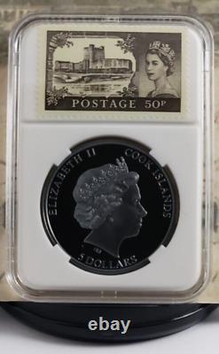 2022 $5 Cook Island Memoriam Queen Elizabeth II Silver Black Proof with Stamps 3