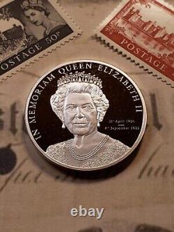 2022 $5 Cook Islands Memoriam Queen Elizabeth II Silver Proof with Stamps! W2