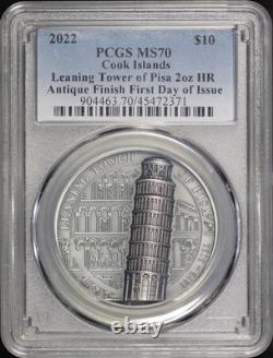 2022 Cook Island $10 Silver HR Leaning Tower of Pisa 2oz Antique PCGS MS-70 FDOI