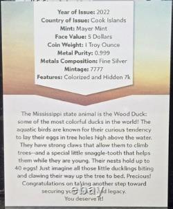 2022 Cook Island $5 Silver American State Animal Collection Wood Duck NGC MS70