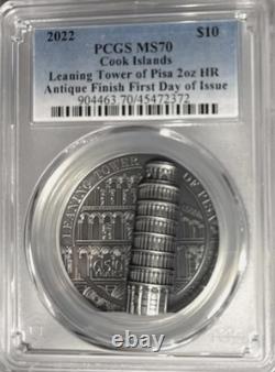 2022 Cook Island Leaning Tower Of Pisa Pcgs Fdoi Ms70, 2oz Silver Antique # Ner
