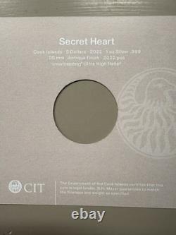 2022 Cook Islands 1 oz Secret Heart Silver Coin Antiqued. 999 Fine OGP Cool Coin