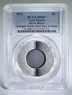 2022 Cook Islands 1oz Antique Silver Secret Heart First Day of Issue PCGS MS69