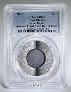2022 Cook Islands 1oz Antique Silver Secret Heart First Day of Issue PCGS MS69