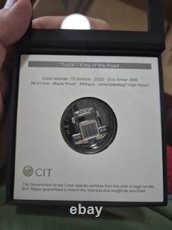 2022 Cook Islands 2 oz Black Proof UHR Silver. 999 Truck King of the Road Coin