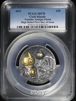 2022 Cook Islands $20 Silver HR Steampunk Nautilus 3 oz Antiqued PCGS MS-70 FDOI