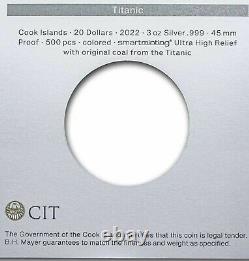 2022 Cook Islands $20 TITANIC 3 Oz Silver Ultra High-Relief Proof with Box & COA