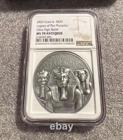 2022 Cook Islands 3oz HR Antique Silver Legacy of the Pharaohs NGC MS70