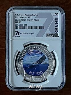2022 Cook Islands $5 Connecticut Sperm Whale. 999 Silver NGC MS70 Colorized
