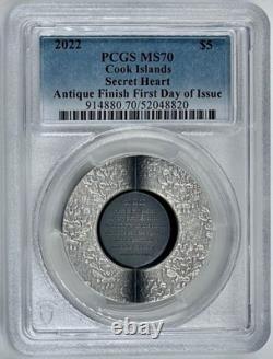 2022 Cook Islands $5 Secret Heart Silver Coin Antique Finish PCGS MS70 FDOI UHR