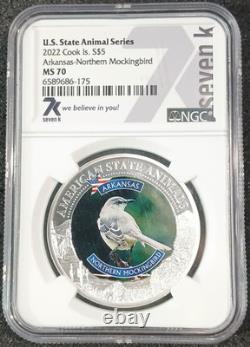 2022 Cook Islands $5 Silver Coin Arkansas Northern Mockingbird NGC MS70