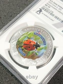 2022 Cook Islands $5 Silver Coin MA Ladybug State Animal MS70
