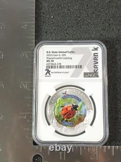 2022 Cook Islands $5 Silver Coin MA Ladybug State Animal MS70