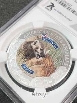 2022 Cook Islands $5 Silver Coin WI Badger State Animal MS70