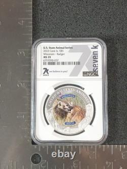 2022 Cook Islands $5 Silver Coin WI Badger State Animal MS70