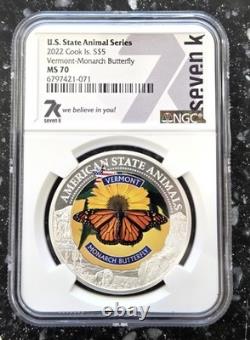2022 Cook Islands $5 Silver US State Animal Vermont Monarch Butterfly NGC MS-70
