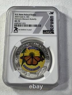 2022 Cook Islands $5 Vermont Monarch Butterfly Silver Coin Graded MS 70 by NGC