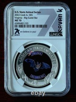 2022 Cook Islands $5 Virginia Big-Eared Bat. 999 Silver NGC MS70 Colorized