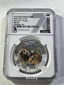2022 Cook Islands $5 Wisconsin Badger Silver Coin Graded MS 70 by NGC