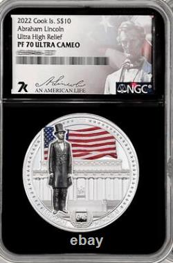 2022 Cook Islands ABRAHAM LINCOLN by Miles Standish 2 Oz Silver Coin 10$ NGC 70