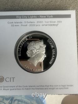 2022 Cook Islands Big City Lights NY 1 oz Silver Proof Coin with Case & COA