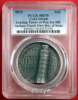 2022 Cook Islands LEANING TOWER OF PISA, PCGS MS70, 2 oz. Silver Antique Coin