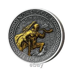 2022 Cook Islands Norse Gods Heimdall High Relief 2 oz Silver Gilt Antiqued