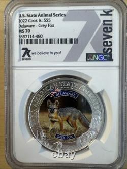 2022 Cook Islands Silver Delaware Grey Fox $5 State Animal NGC MS 70/005